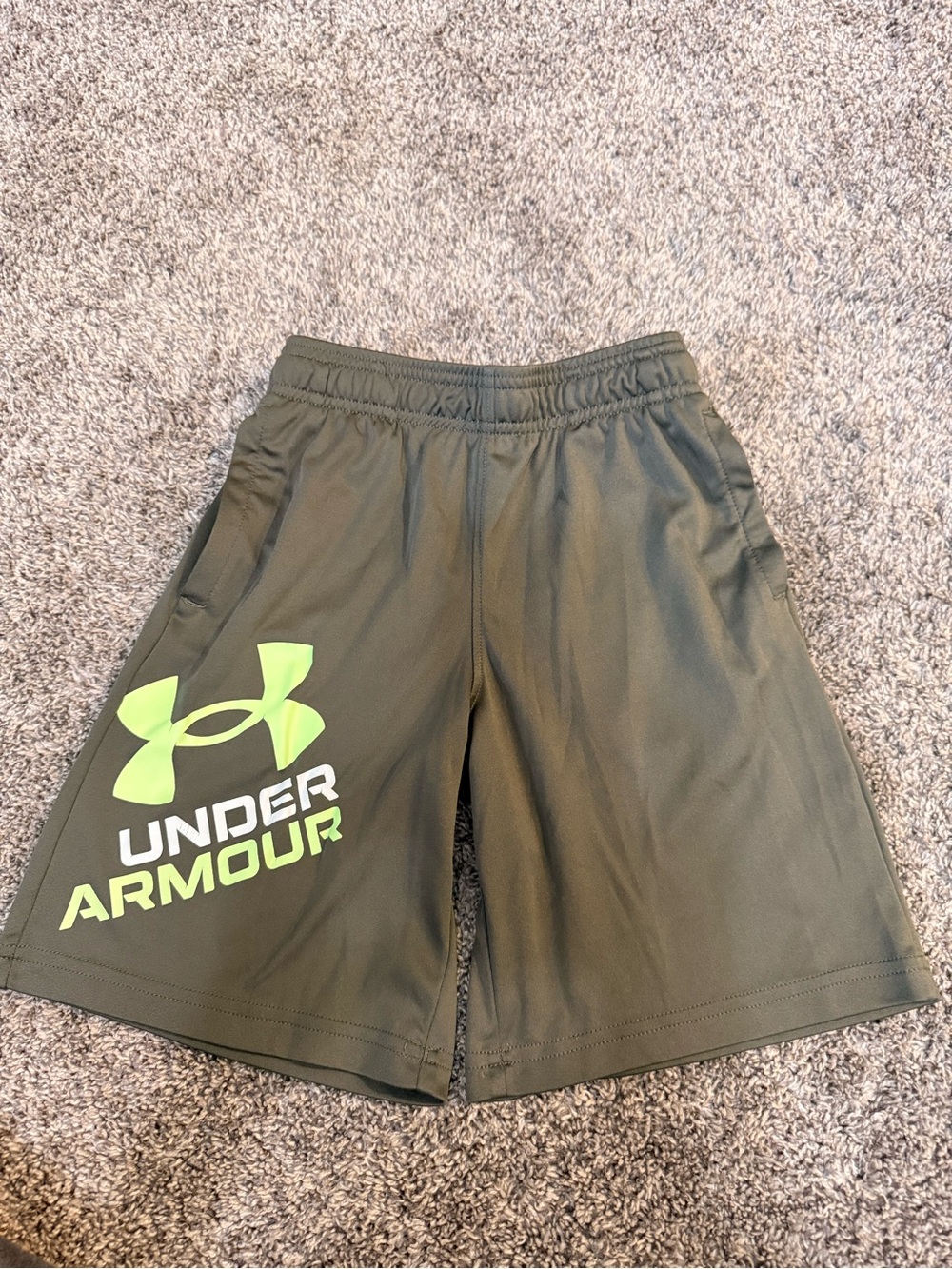Under Armour Olive Green Athletic Shorts with Neon Green Logo